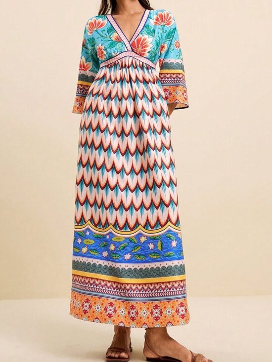 Dresses & Skirts - Multicolor Boho Women's Tropical Floral V-Neck Long Dress